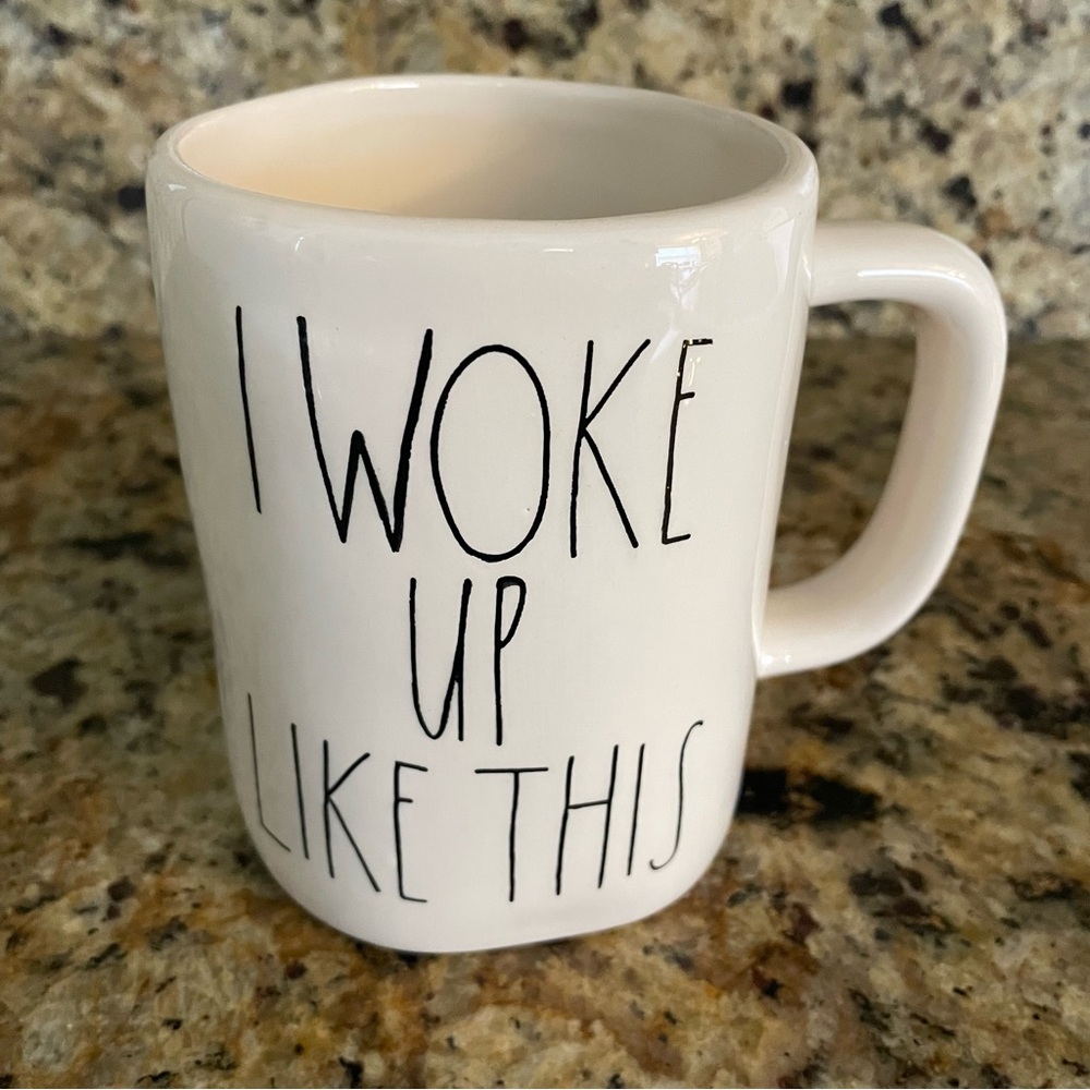 Rae Dunn white ceramic mug w/black lettering